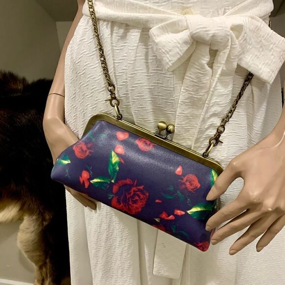 Handmade Genuine Leather Rose Printed Clutch/Shoulder Bag/Crossbody/Evening Bag - Picture 8 of 16
